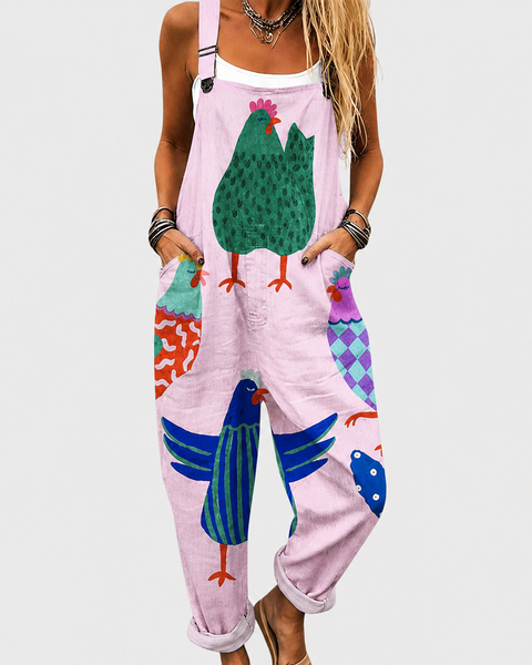 Indie — Pink Chicken Print Overalls