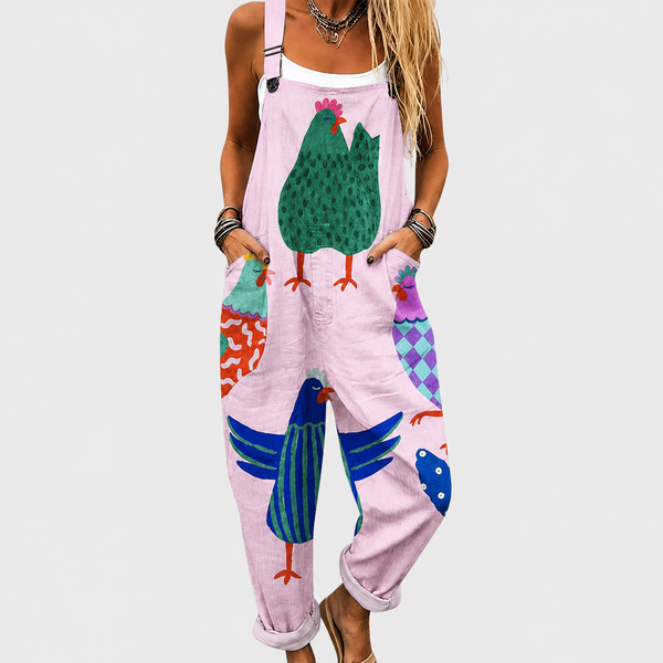 Indie — Pink Chicken Print Overalls