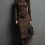 Lorena | Long Brown Midi Dress - Brown