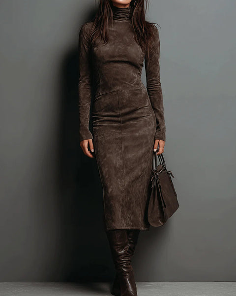 Lorena | Long Brown Midi Dress - Brown