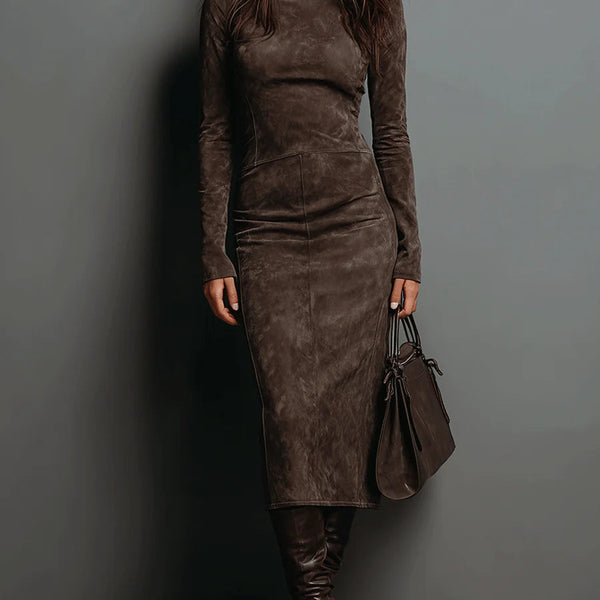 Lorena | Long Brown Midi Dress - Brown