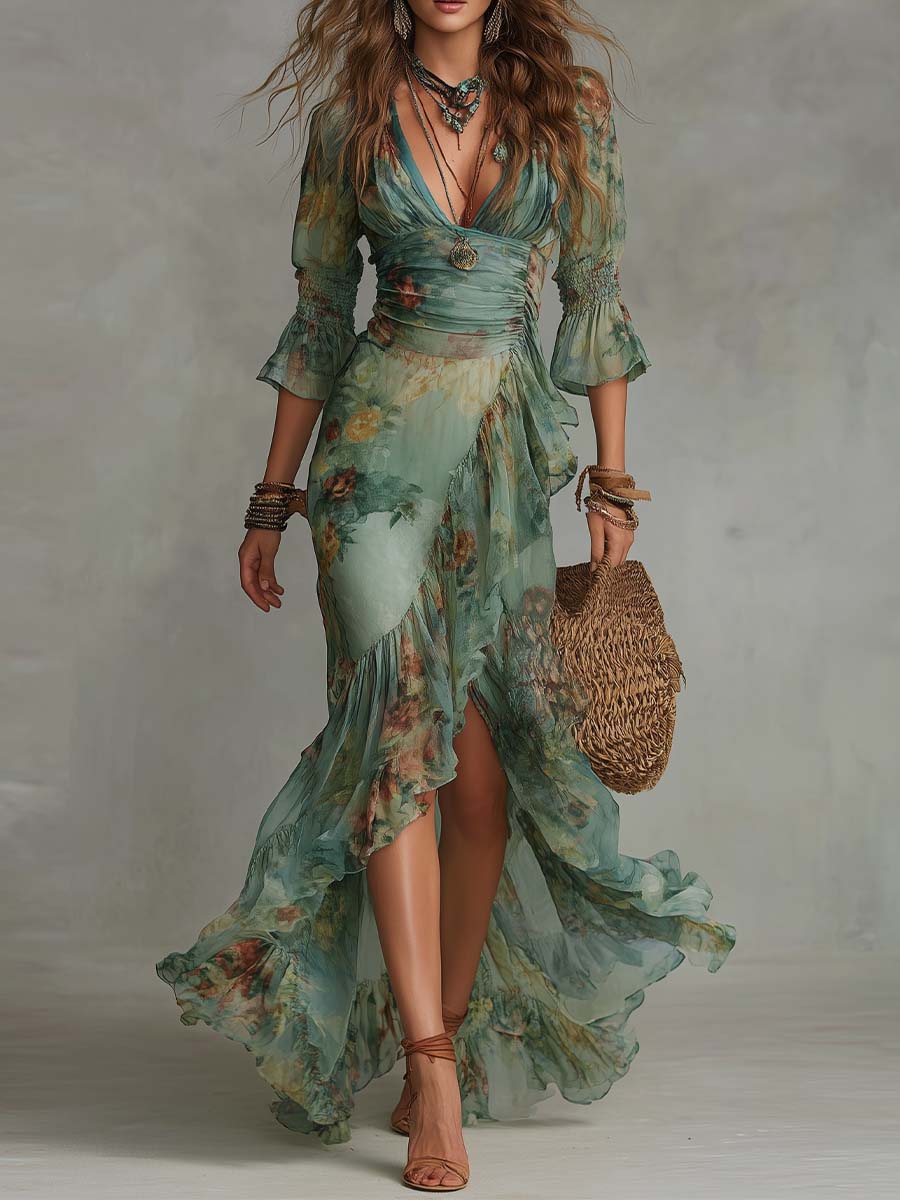 Alkmene — Sage Floral V-Neck Maxi Dress with Defined Waist