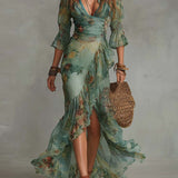 Alkmene — Sage Floral V-Neck Maxi Dress with Defined Waist