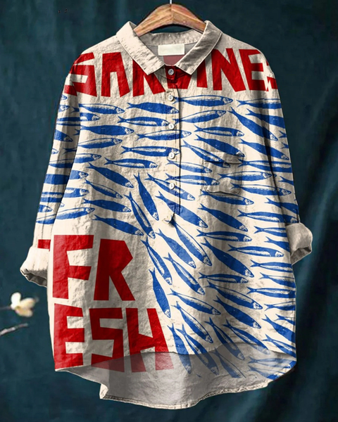 Donata — Red Sardine Lettering Print Button-Up Blouse