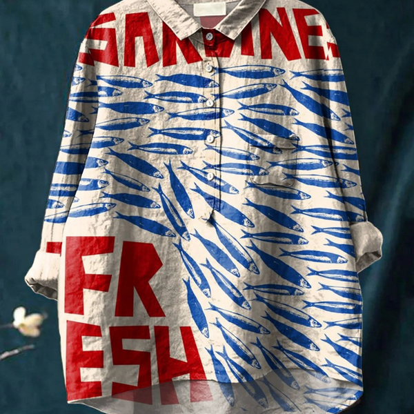 Donata — Red Sardine Lettering Print Button-Up Blouse