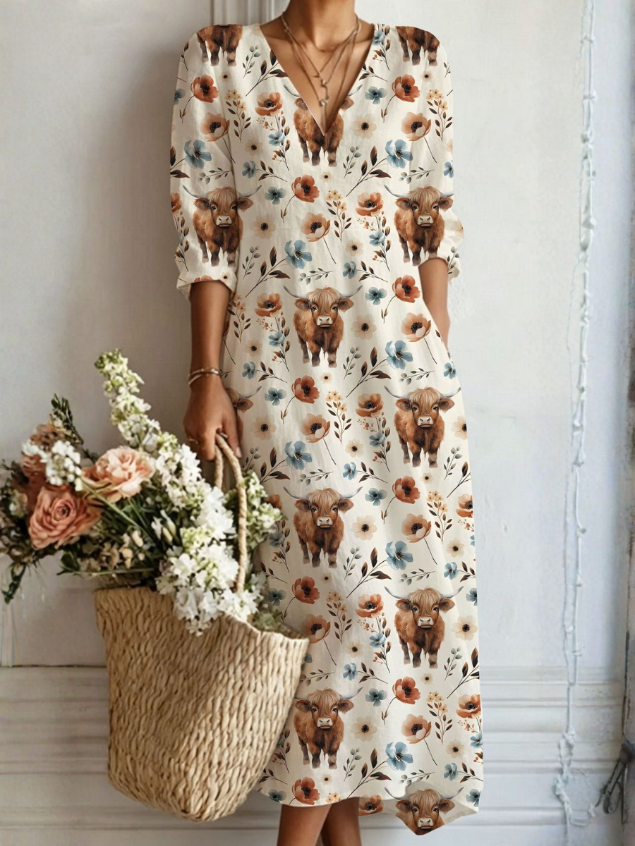 Capri — Cream Animal-Print V-Neck Boho Maxi Dress