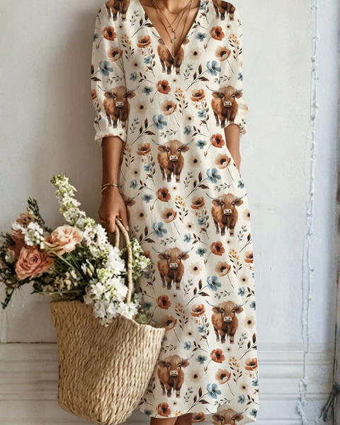 Capri — Cream Animal-Print V-Neck Boho Maxi Dress