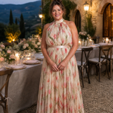 Garance — Cream Floral Halter Midi Dress with Belted Waist