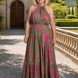 Ilenia — Green and Pink Floral Halter Midi Dress with Tiered Skirt