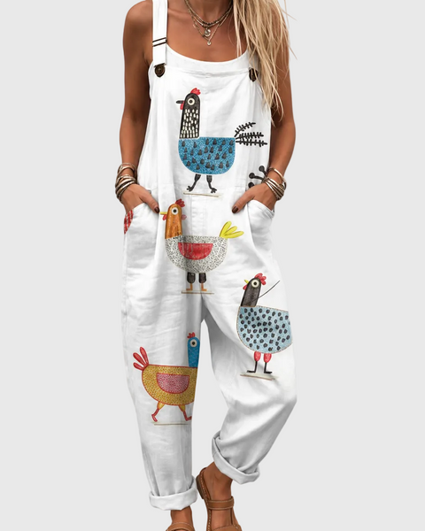 Kezia — Happy Chicken Print Overalls