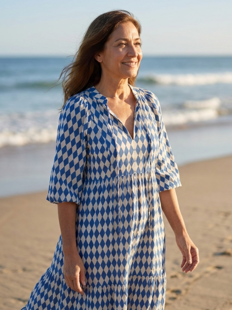 Gytha — Blue Diamond-Print Tiered Maxi Dress with Notch Neckline