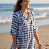 Gytha — Blue Diamond-Print Tiered Maxi Dress with Notch Neckline