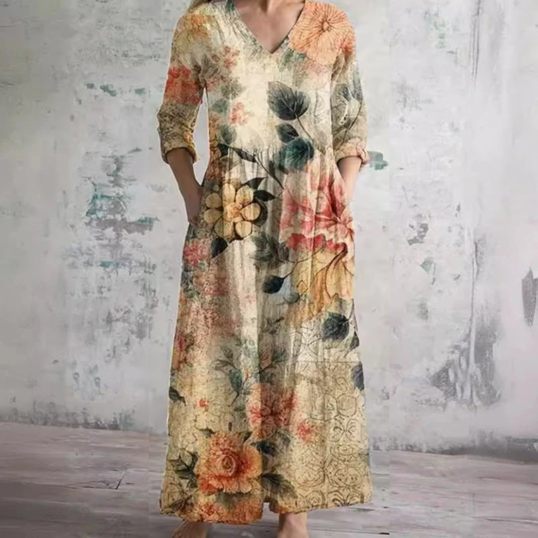 Liselotte — Watercolour Floral Print V-Neck Maxi Dress