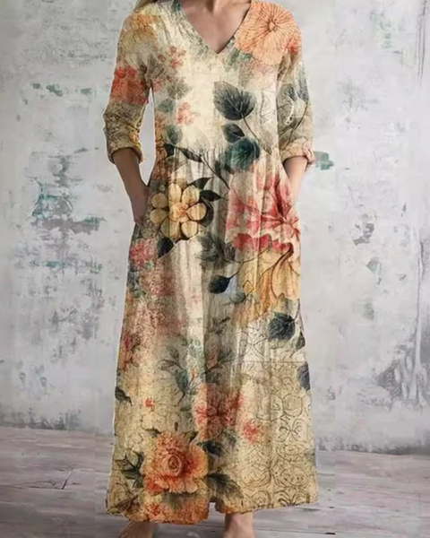 Liselotte — Watercolour Floral Print V-Neck Maxi Dress