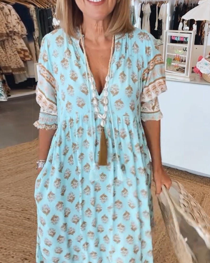 Wilmette — Printed V-Neck Maxi Dress with Tassel Tie and Fringe Hem