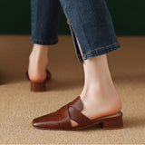 Aleena — Cross-Strap Square-Toe Block-Heel Mules