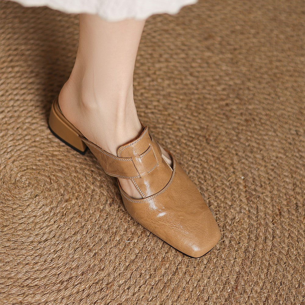 Brianna — Crinkle Square-Toe Block-Heel Mules