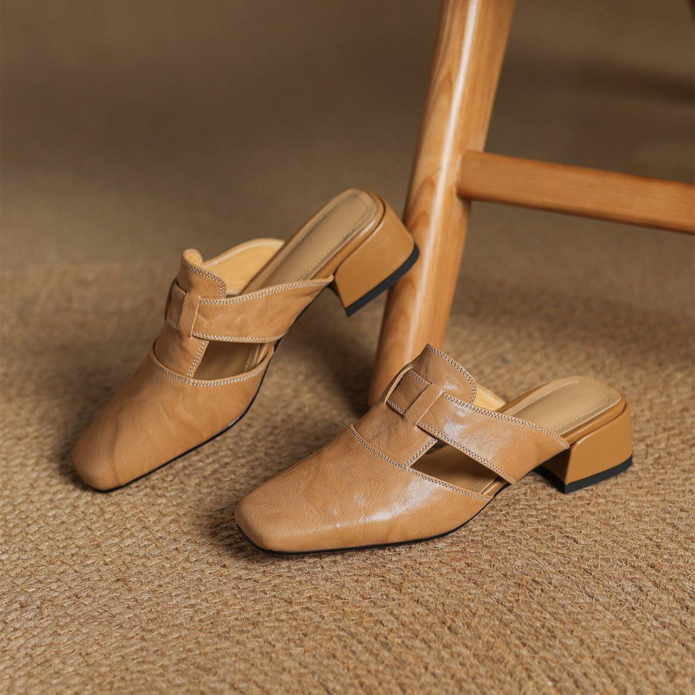 Brianna — Crinkle Square-Toe Block-Heel Mules