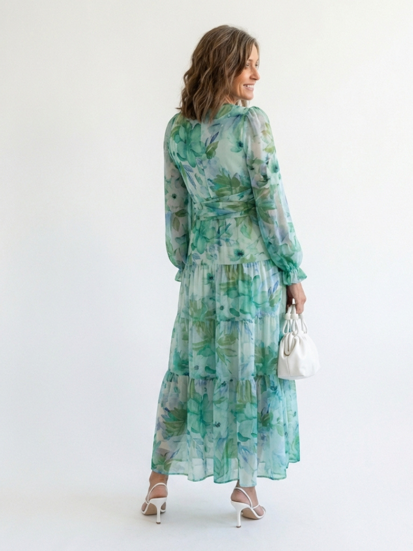 Bertrada — Watercolour Print Tiered Maxi Dress with V-Neck and Long Sleeves