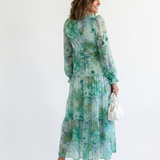 Bertrada — Watercolour Print Tiered Maxi Dress with V-Neck and Long Sleeves