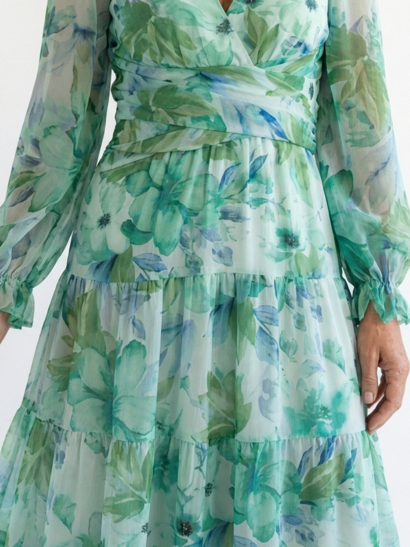 Bertrada — Watercolour Print Tiered Maxi Dress with V-Neck and Long Sleeves