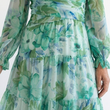 Bertrada — Watercolour Print Tiered Maxi Dress with V-Neck and Long Sleeves