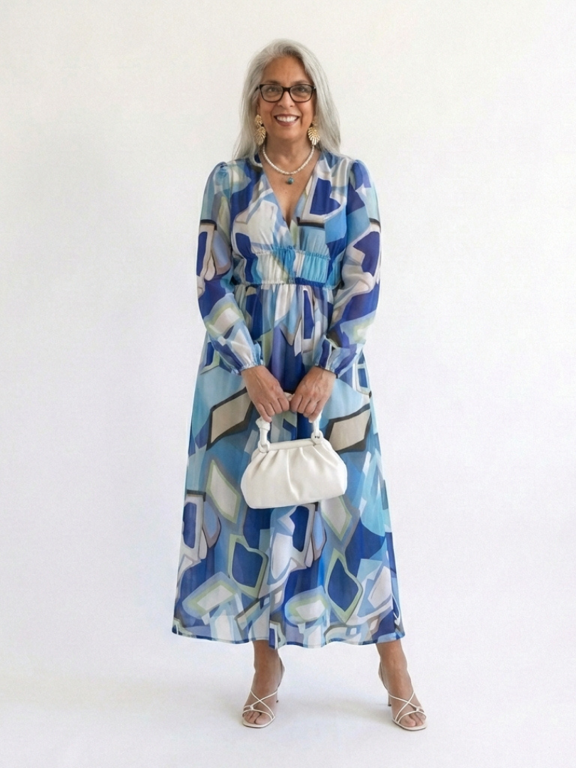 Bertrada — Watercolour Print Tiered Maxi Dress with V-Neck and Long Sleeves