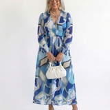 Bertrada — Watercolour Print Tiered Maxi Dress with V-Neck and Long Sleeves