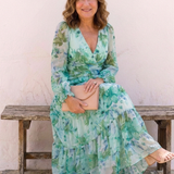 Bertrada — Watercolour Print Tiered Maxi Dress with V-Neck and Long Sleeves