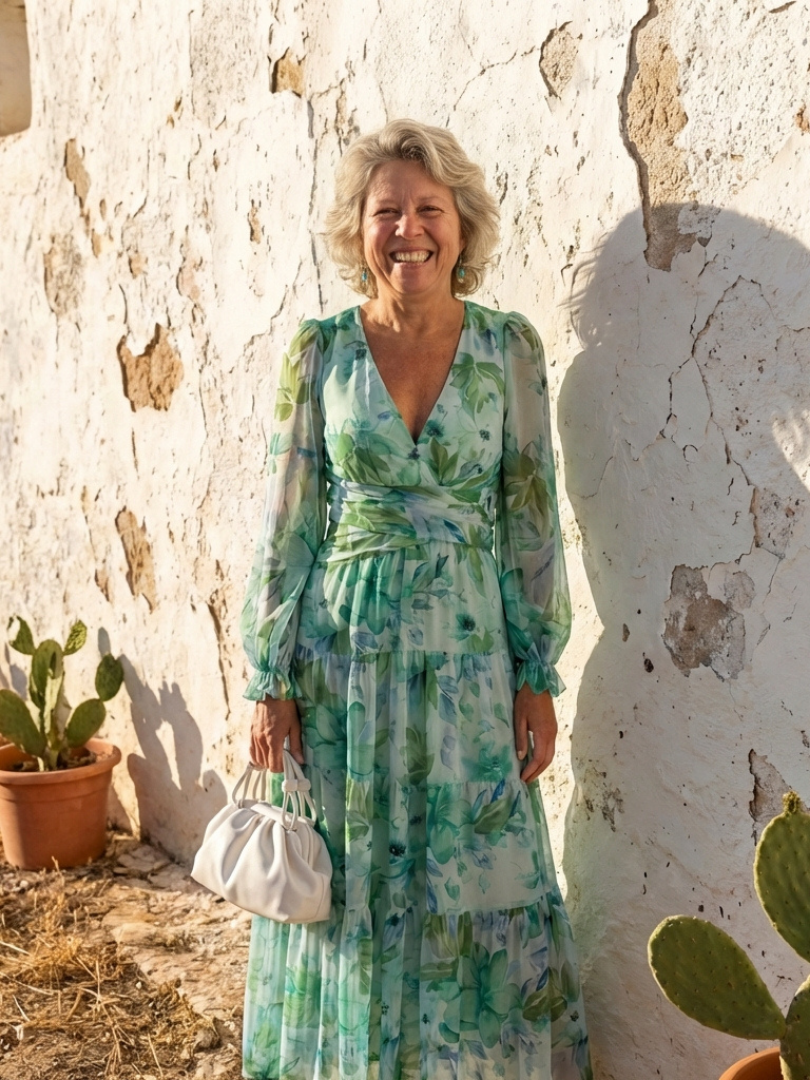 Bertrada — Watercolour Print Tiered Maxi Dress with V-Neck and Long Sleeves