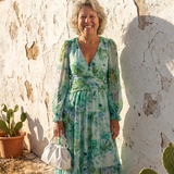 Bertrada — Watercolour Print Tiered Maxi Dress with V-Neck and Long Sleeves