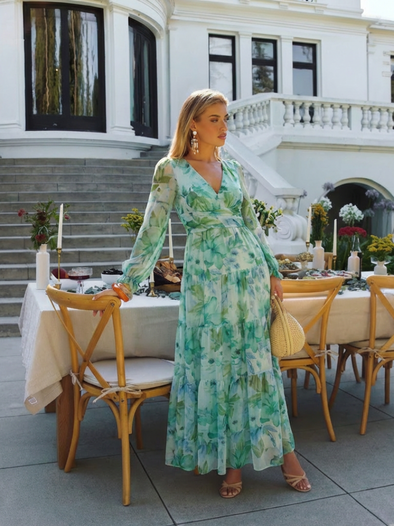 Bertrada — Watercolour Print Tiered Maxi Dress with V-Neck and Long Sleeves