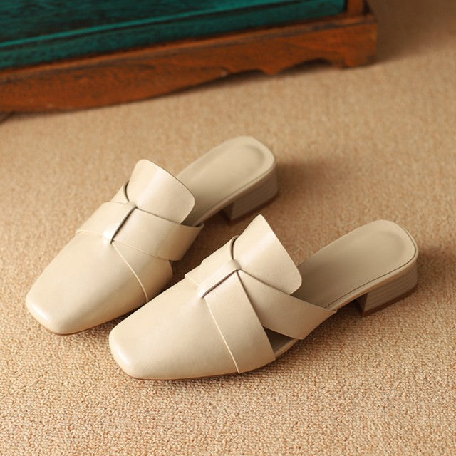 Aleena — Cross-Strap Square-Toe Block-Heel Mules