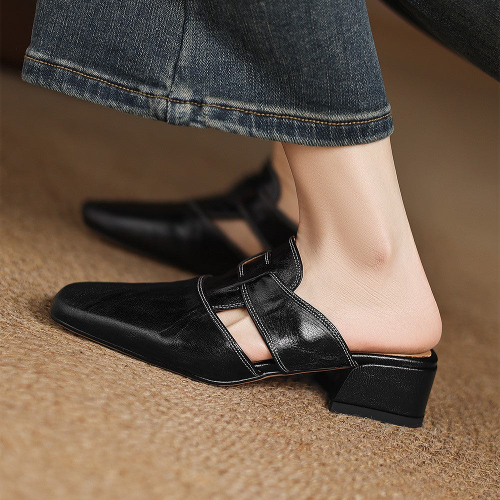 Brianna — Crinkle Square-Toe Block-Heel Mules