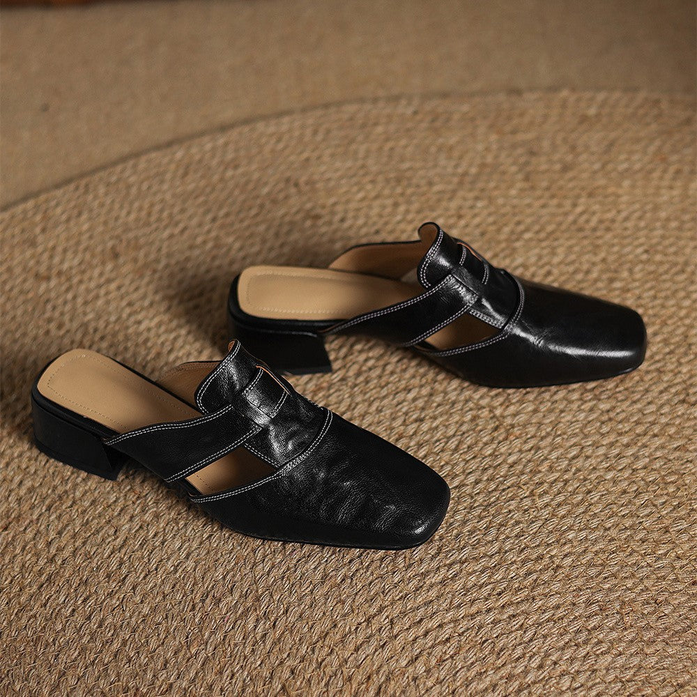 Brianna — Crinkle Square-Toe Block-Heel Mules