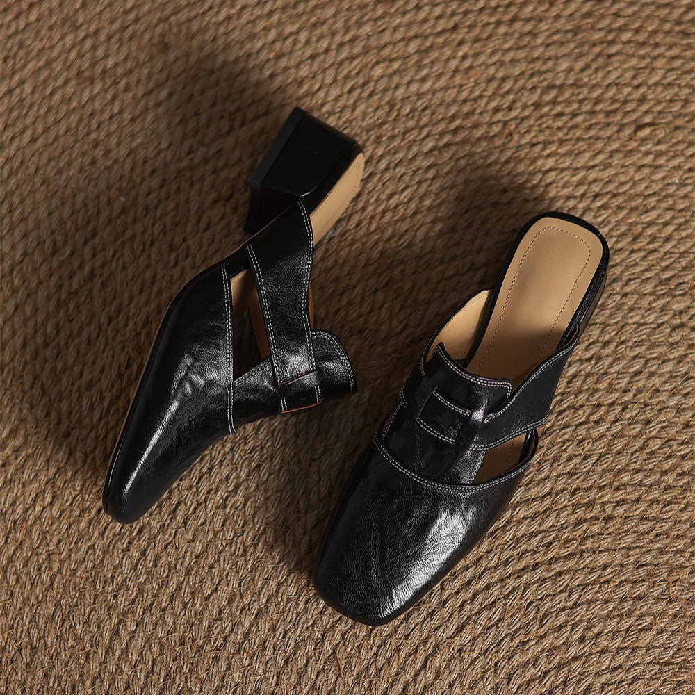 Brianna — Crinkle Square-Toe Block-Heel Mules