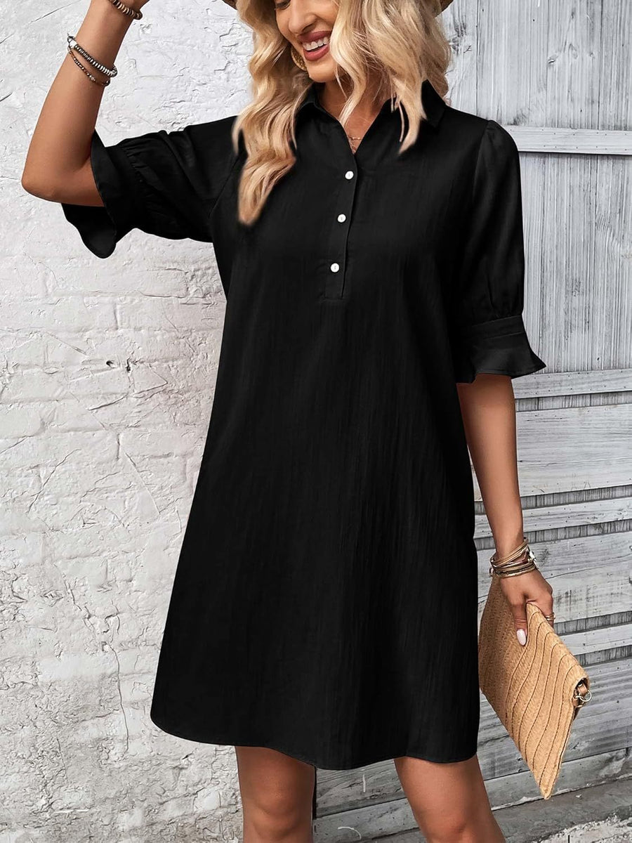 Maelle — Button-Placket Dress with Ruffle Sleeves and Collar
