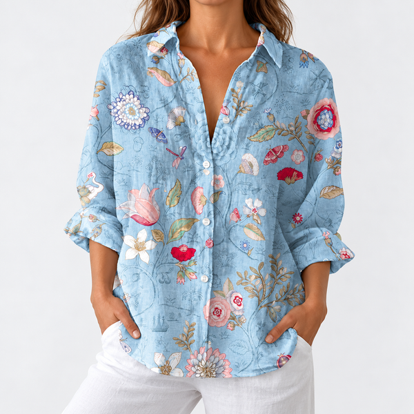 Yvaine — Sky Blue Botanical Floral Button-Up Blouse