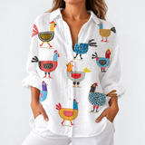 Wilfreda — White Folk Hen Print Button-Up Blouse