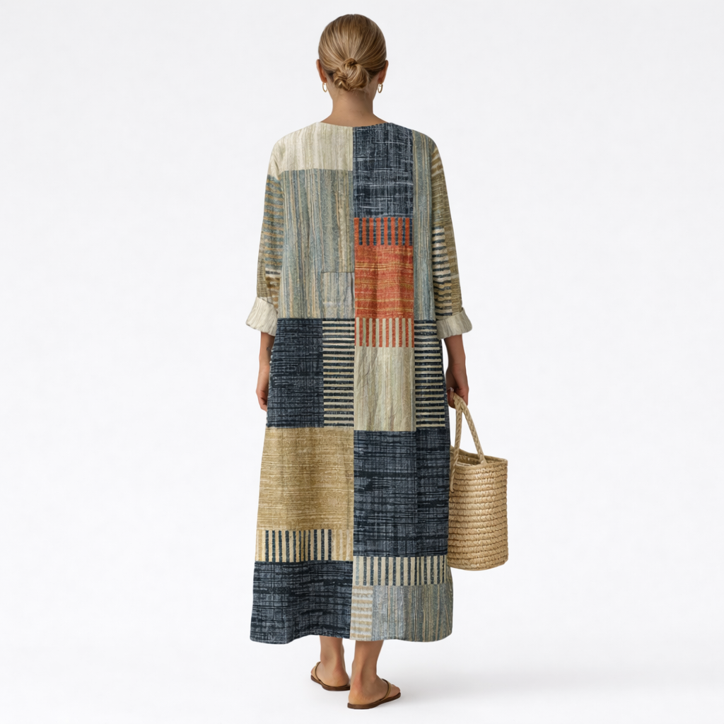 Coretta — Blue and Tan Patchwork V-Neck Boho Maxi Dress