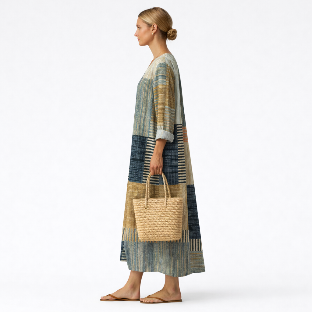 Coretta — Blue and Tan Patchwork V-Neck Boho Maxi Dress