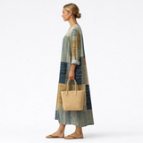 Coretta — Blue and Tan Patchwork V-Neck Boho Maxi Dress