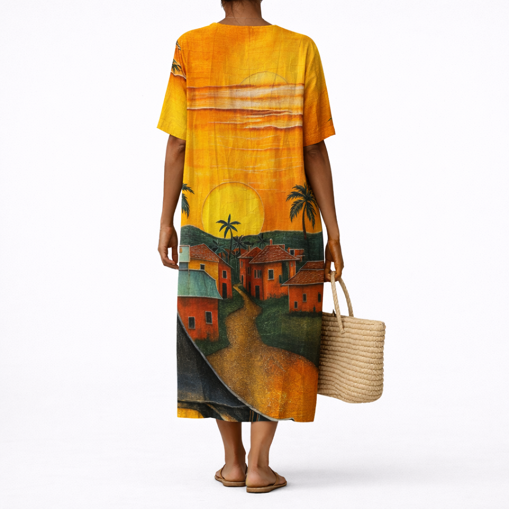 Dayna — Abstract Face-Print V-Neck Boho Maxi Dress