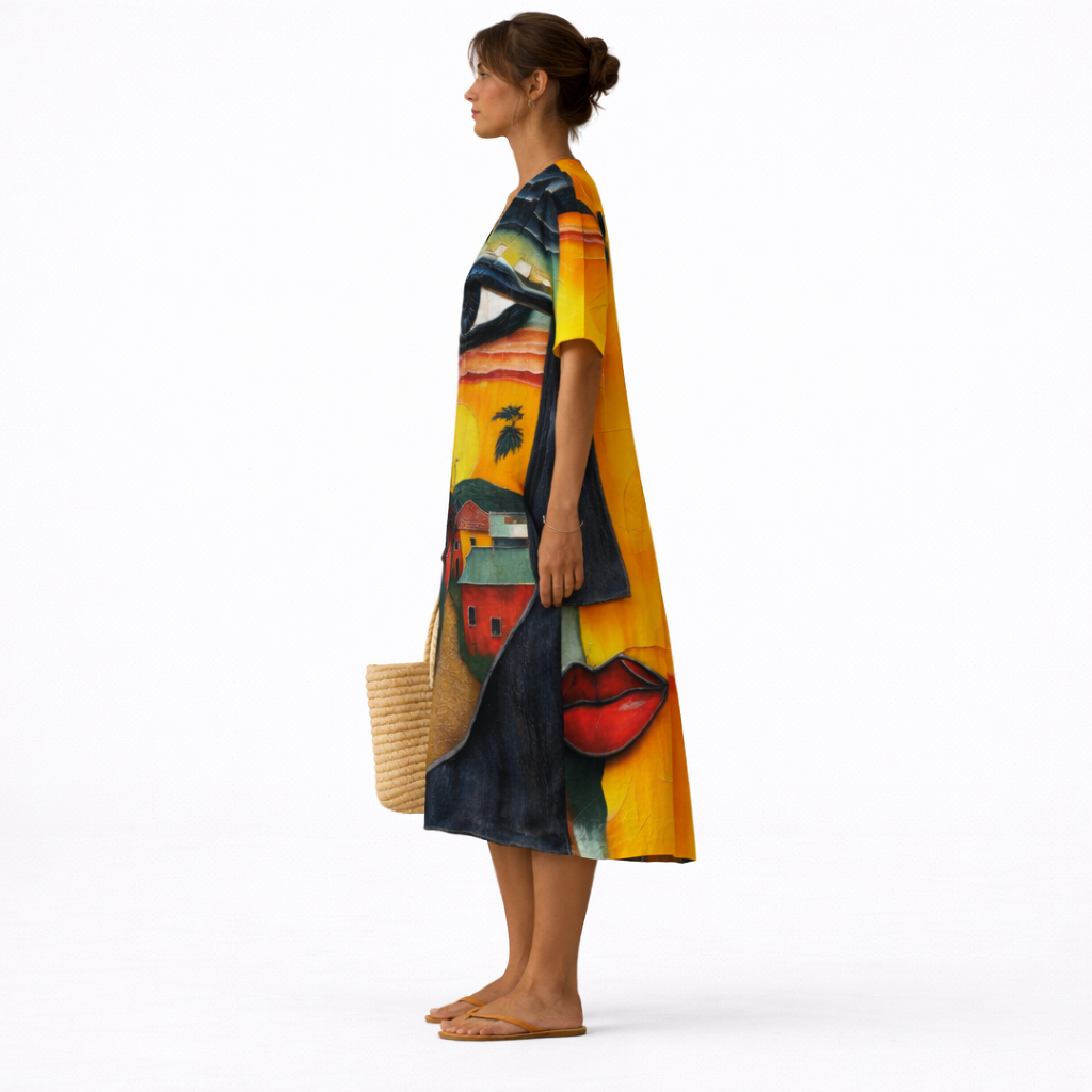 Dayna — Abstract Face-Print V-Neck Boho Maxi Dress