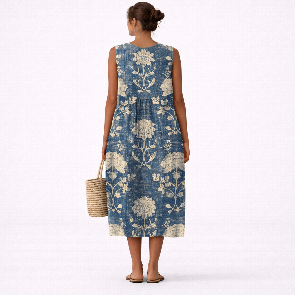 Adrienne — Blue Floral Medallion Sleeveless Midi Dress