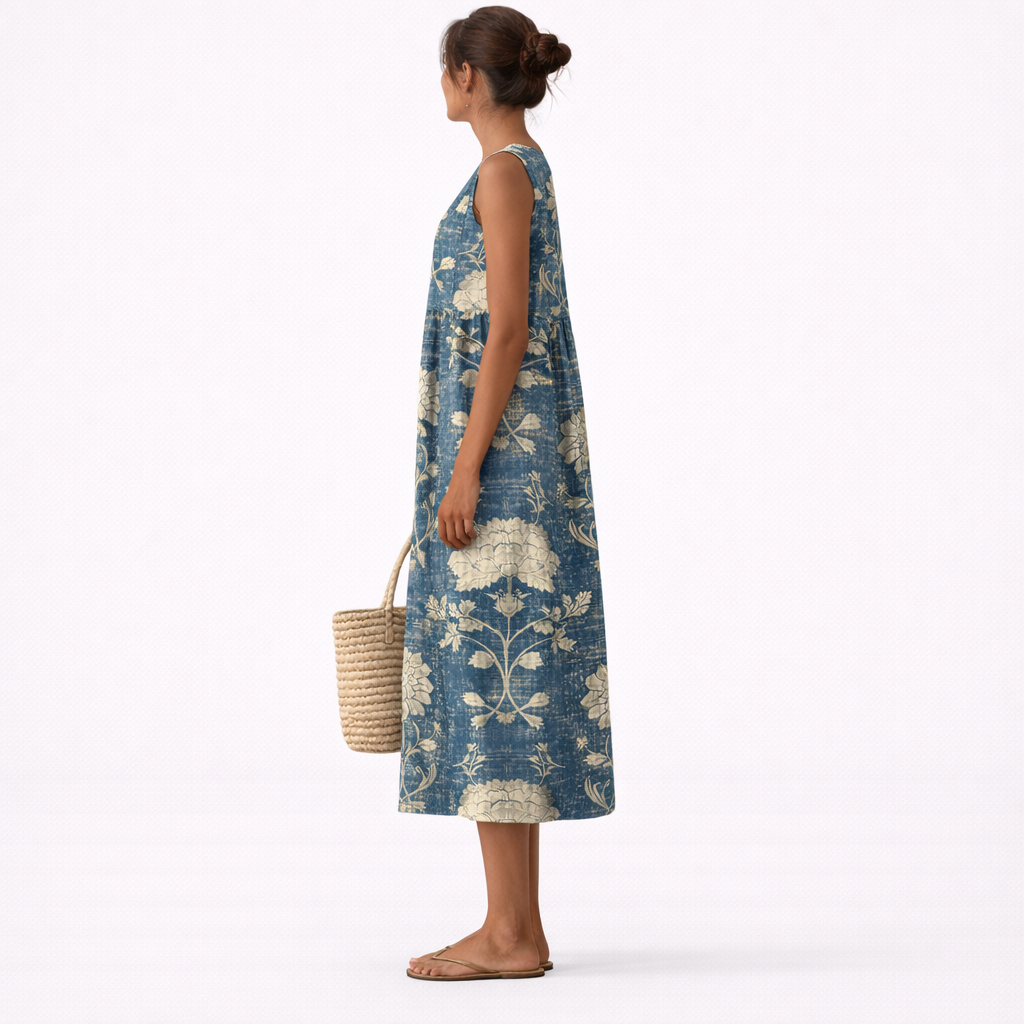 Adrienne — Blue Floral Medallion Sleeveless Midi Dress