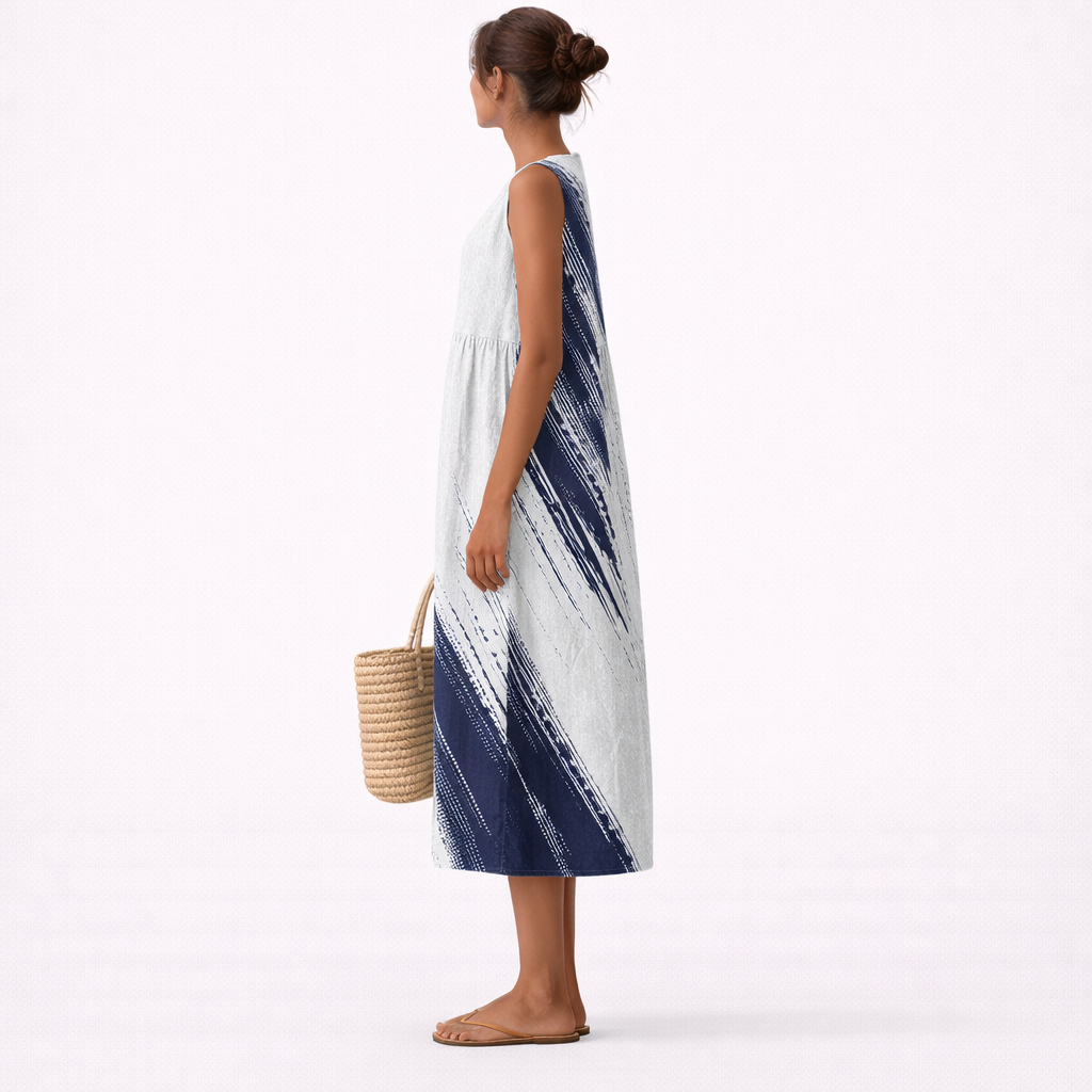 Aubree — White Brushstroke-Print Sleeveless Midi Dress