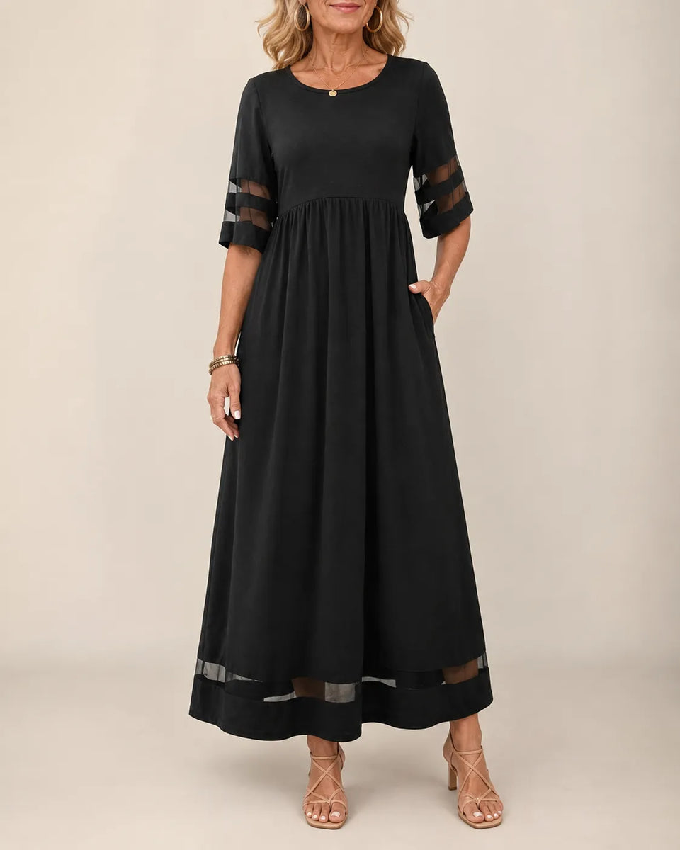 Valborg — Half-Sleeve Maxi Dress with Sheer Stripe Details
