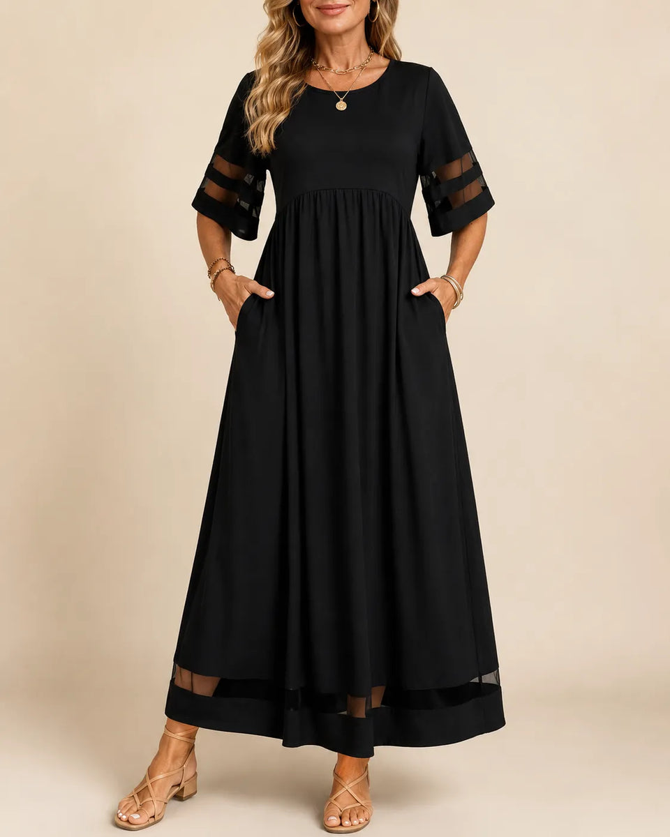 Valborg — Half-Sleeve Maxi Dress with Sheer Stripe Details