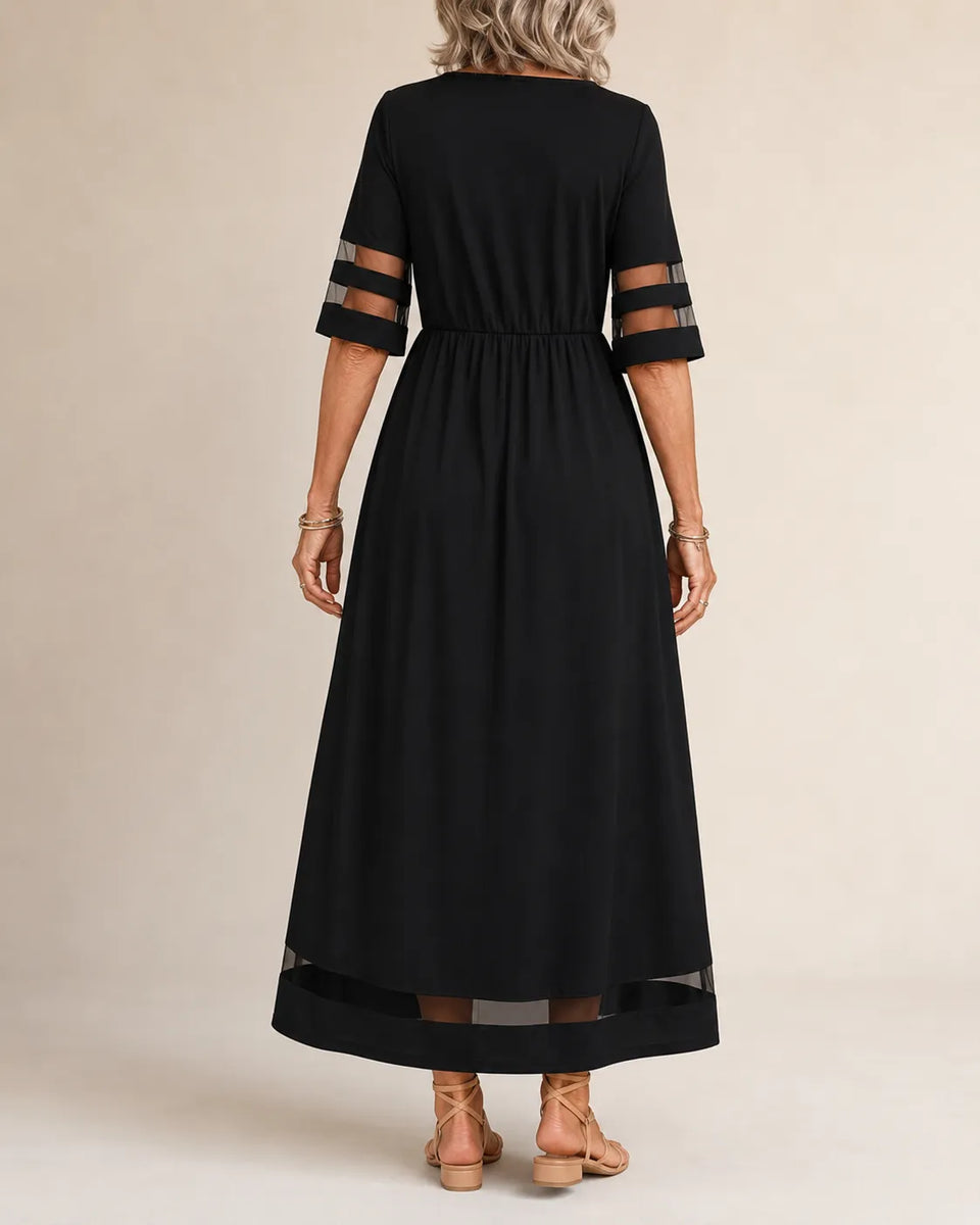 Valborg — Half-Sleeve Maxi Dress with Sheer Stripe Details